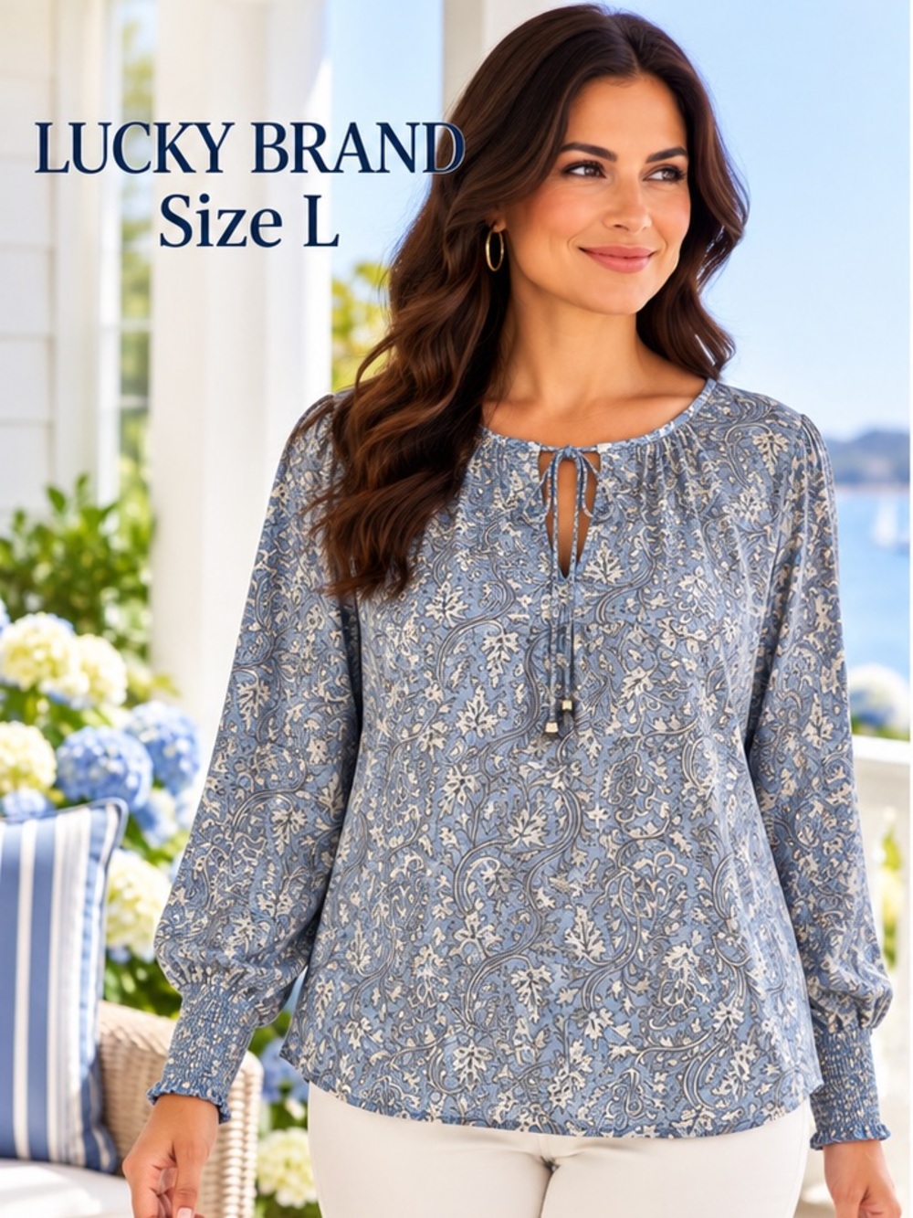 Lucky Brand Size L Blue Paisley Keyhole Tie Smocked Cuff Blouse